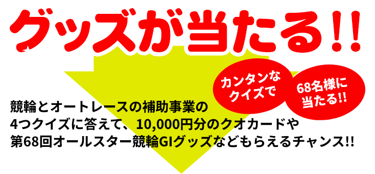 競輪とオートレースの補助事業の4つクイズに答えて、10,000円分のクオカードや第68回オールスター競輪GIグッズなどもらえるチャンス!!